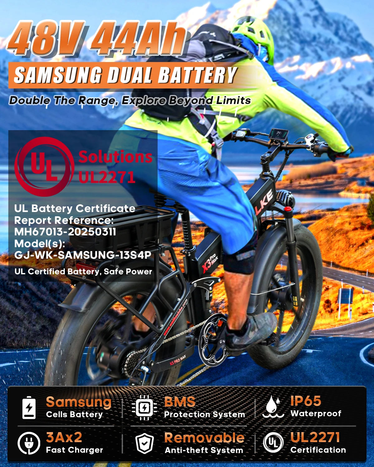 W Wallke X3 PRO MAX Electric Bike 2800W Peak Dual Motor 44Ah Long Range E-Bike 26" x 4" Fat Tire 31MPH Fast Adult Ebike UL2849