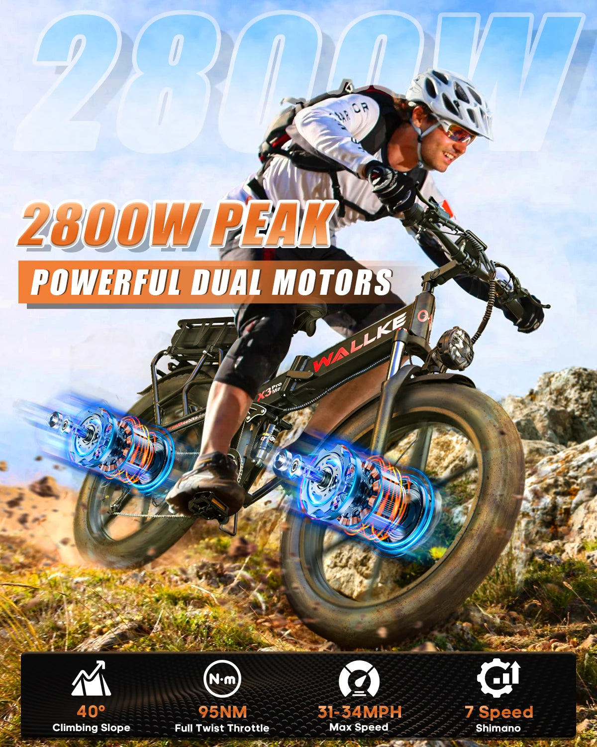 W Wallke X3 PRO MAX Electric Bike 2800W Peak Dual Motor 44Ah Long Range E-Bike 26" x 4" Fat Tire 31MPH Fast Adult Ebike UL2849