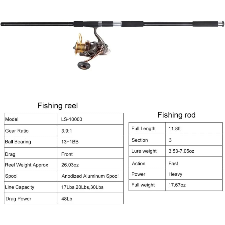 Surf Fishing Rod and Reel Combos Saltwater Fishing Gear Set 12ft Surf Rod 10000 Reel Offshore Inshore Casting Pole Beach Castin