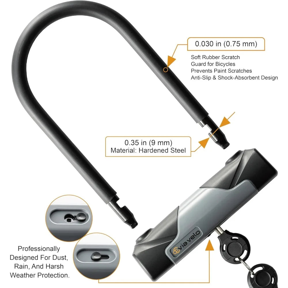 Bike U-Lock with Cable, Heavy Duty Anti-Theft Bicycle U Locks with 8mm Braided Steel and 3 Keys, 4ft Length Security Cable for