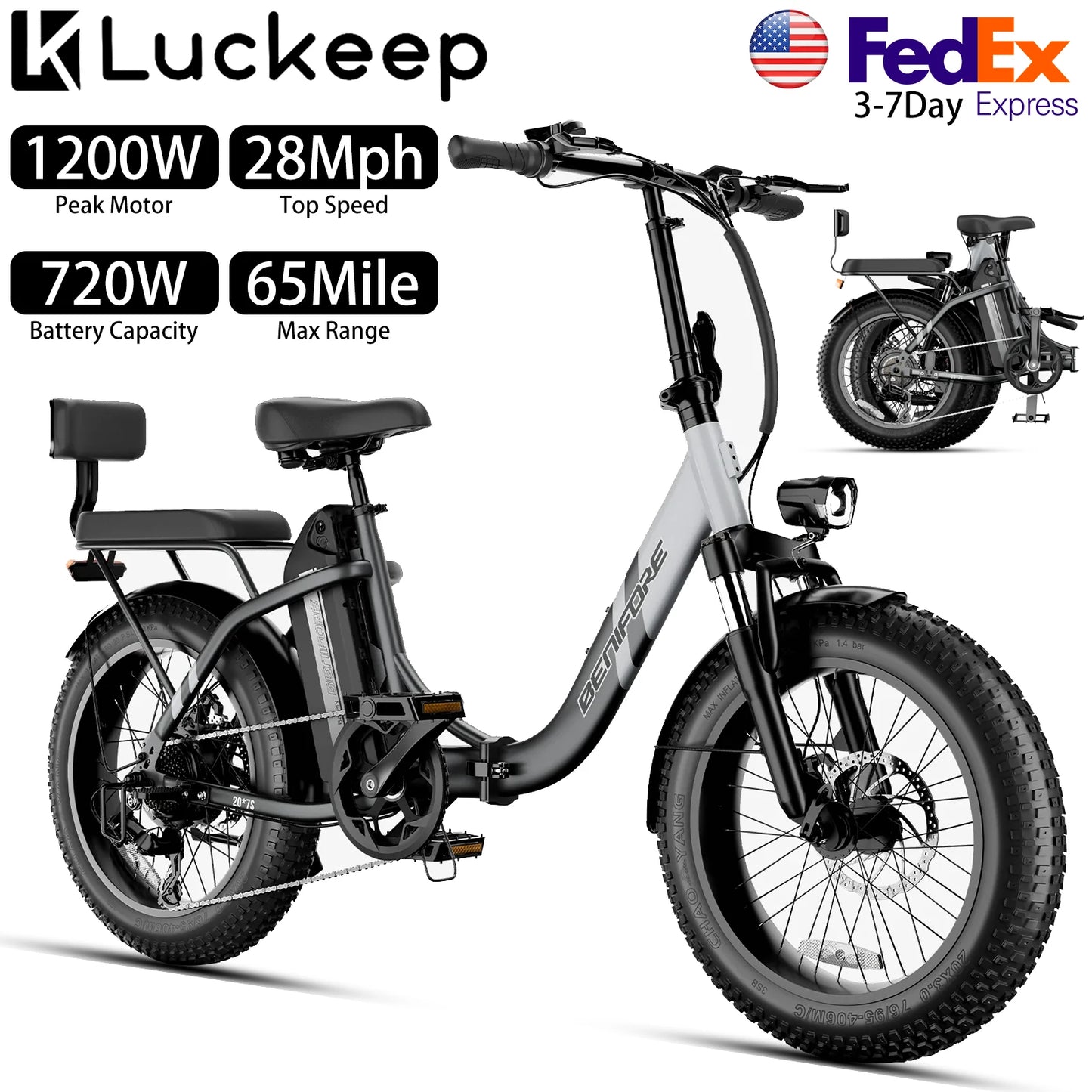 Luckeep C23 20"x3" Folding Electric Bike Peak 1200W,720Wh,Top 28 Mph,Max 65 Mile,Max Load 265Ibs, With Mini Sofa Back Seat,New