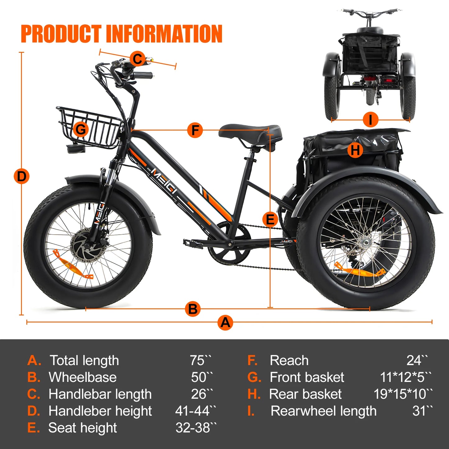 24 Inch 3 Wheel Fat Tire Electric Cargo Bike Mountain For Men 48v 750w Powerful Electric Tricycle For Adults Lithium Battery
