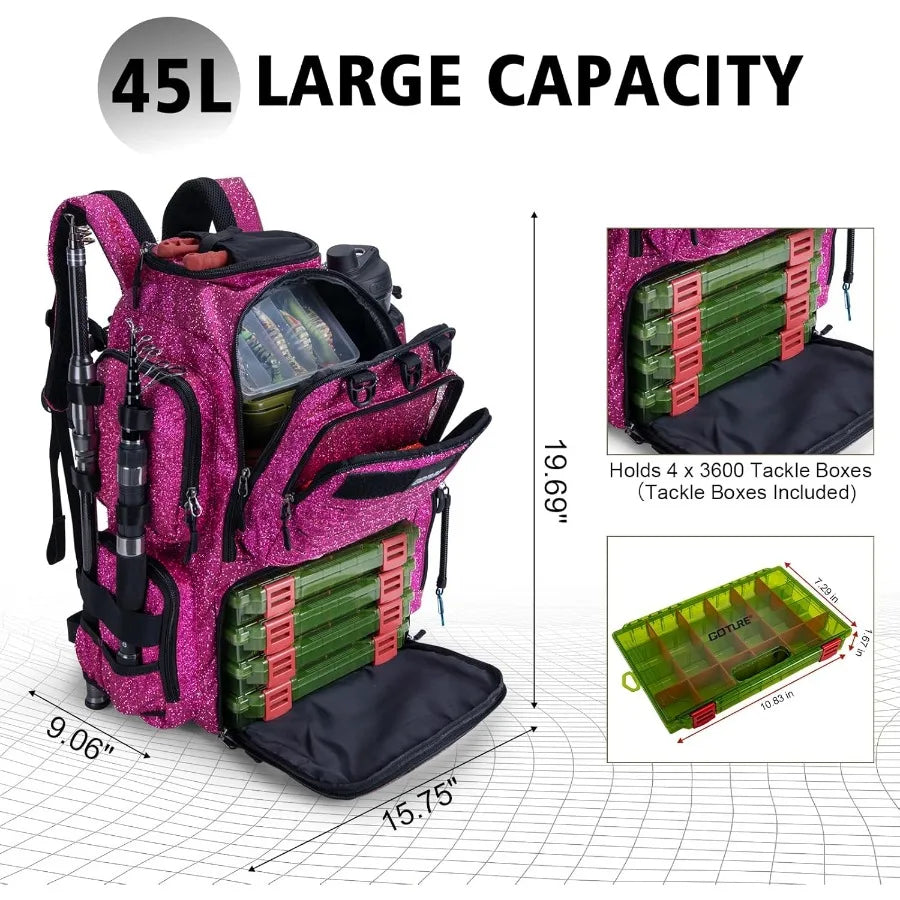 900D WaterResistant Fishing Backpack with 4 Tackle Boxes and Rod Holders 45L Large Capacity Storage Gear Tackle Bag with Rain C