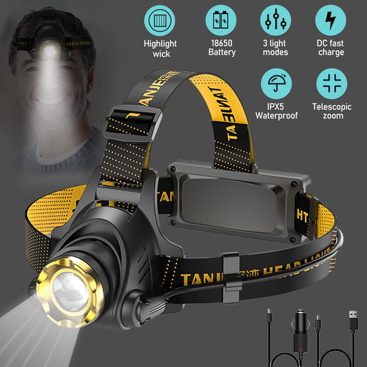 LED Headlamp Portable USB Rechargeable with Built in 18650 Battery Headlight Camping Adventure Head Light Powerful Flashlight