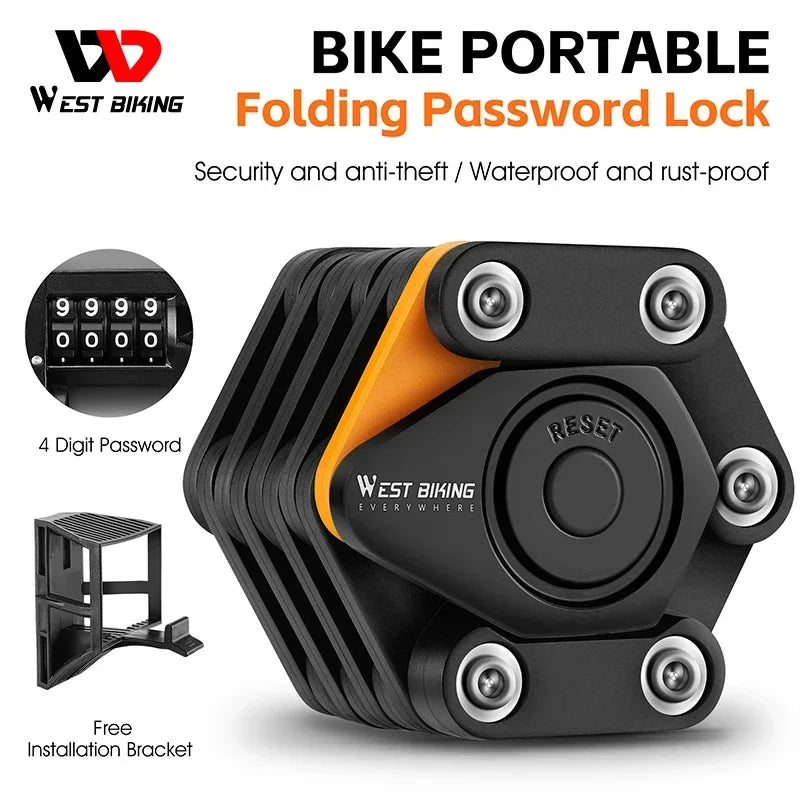 WEST BIKING Bicycle Folding Lock 4 Code Digits Anti-theft Lock Portable E-Bike Scooter Password Foldable Lock Cycling Accessory