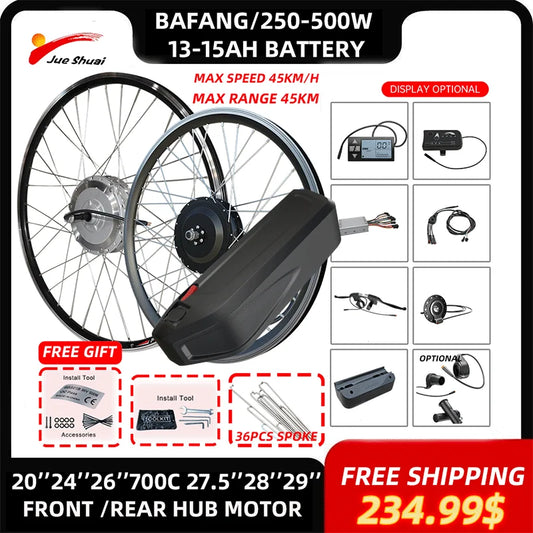 BAFANG Jueshuai Electric Bike kit with Battery 15Ah electric bicycle kit 20 26'' 27.5 700C Front Rear Electric Wheel Hub Motor