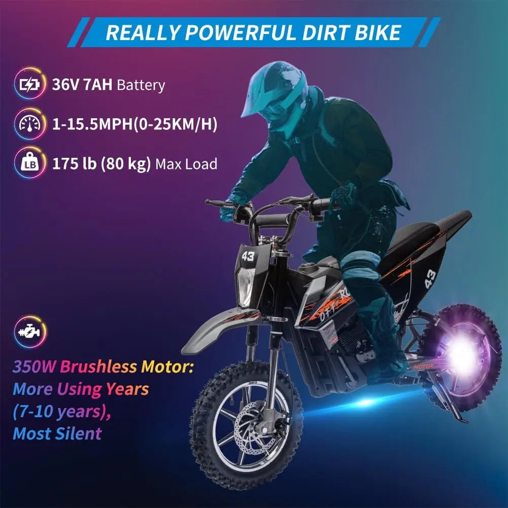 Electric Dirt Bike 36v for Kids 8-14Y, 15.5MPH 350w Brushless and 500w Brushed Off-Road Motorcycle, High-Speed for Teens