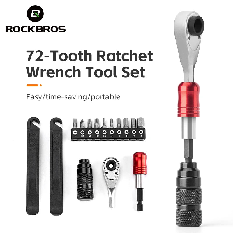 ROCKBROS Portable Bicycle Ratchet Maintenance Tool Kit Set for Road Mountain Bikes Hexagon Wrenches Sockets 72 Tooth Ratchet