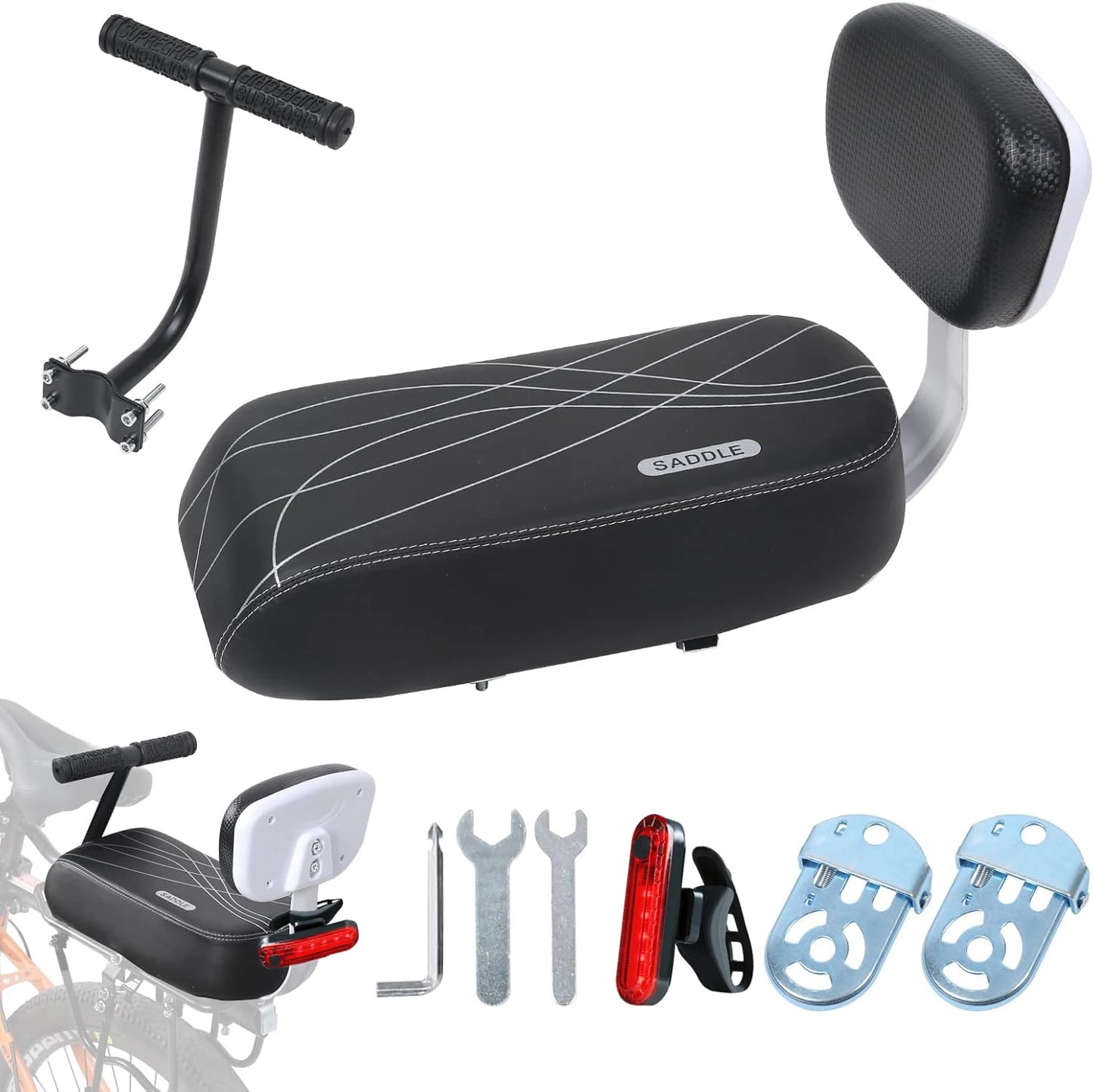 Rear Bike Seat Cushion With Backrest Comfortable Bicycle Passenger Saddle With Handlebar, Bicycle Rear Seat Cushion Footrests