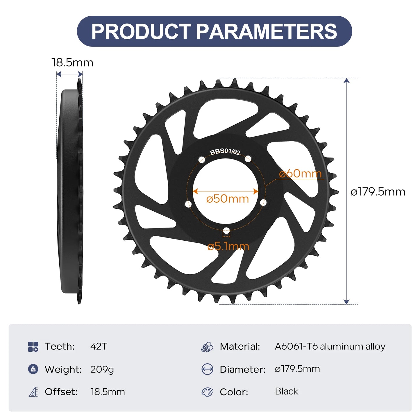 EBike 42T Chain wheel BAFANG BBS Chainring 18.5mm Offset BBS01B BBS02B BBS01 BBS02 Original Mid Drive Motor Aluminum 42 T Crown