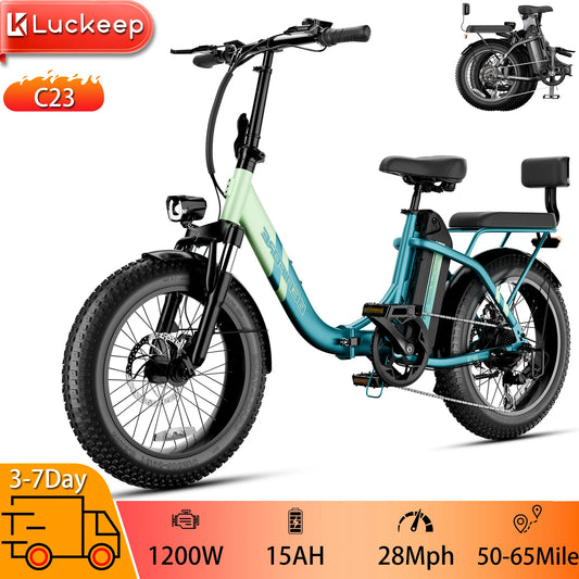 Luckeep C23 20"x3" Folding Electric Bike Peak 1200W,720Wh,Top 28 Mph,Max 65 Mile,Max Load 265Ibs, With Mini Sofa Back Seat,New