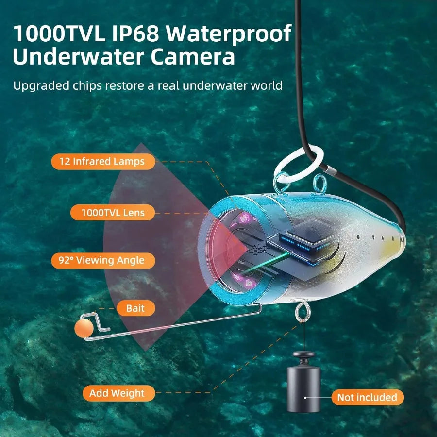 Underwater Fishing Camera 7 inch LCD Monitor Fish Finder Waterproof 1000TVL Fishing Camera 12pcs Infrared Lights for Lake Boat