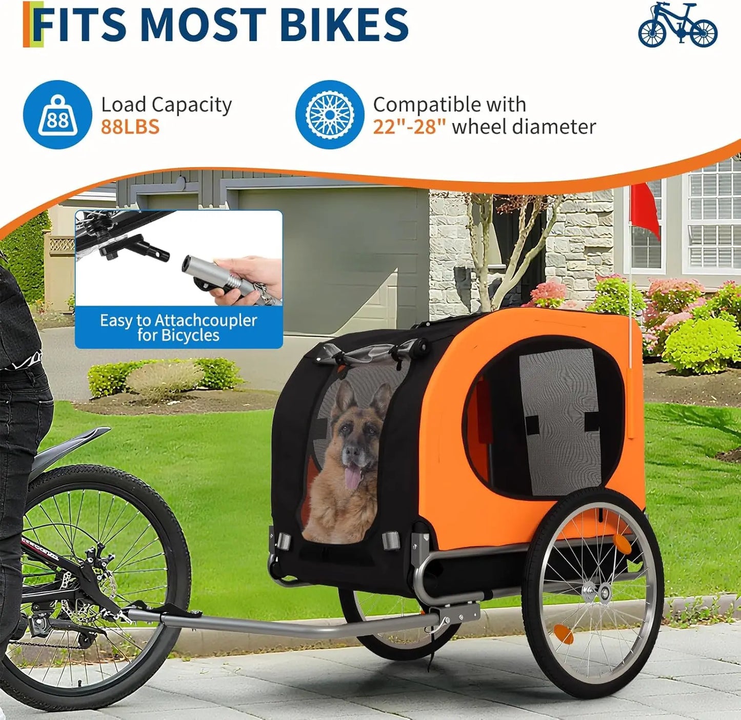 Dog Bike Trailer, 88LBS Pet Bicycle Trailer, Pet Cart Bicycle Carrier Easy Folding Cart Frame, Quick Release Wheel, Universal Bi