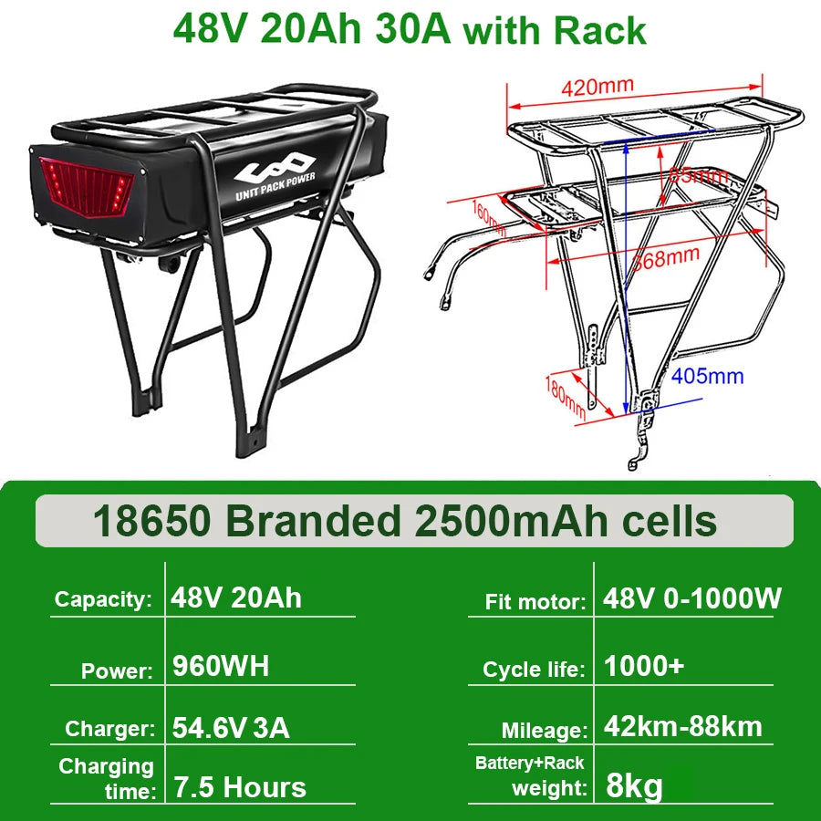 Rear Rack eBike Battery 21700 18650 52V 48V 27Ah 72V 20Ah with Rack no Rack Optional for 1500W 1000W 750W 500W 24"-28 inch