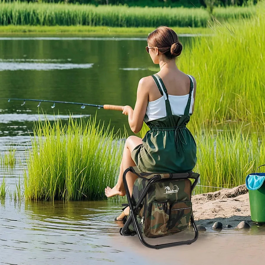 Foldable Backpack Fishing Chair with Integrated Cooler Bag for Outdoor Adventures: Ideal for Hunting Camping Beach Trips Picnic