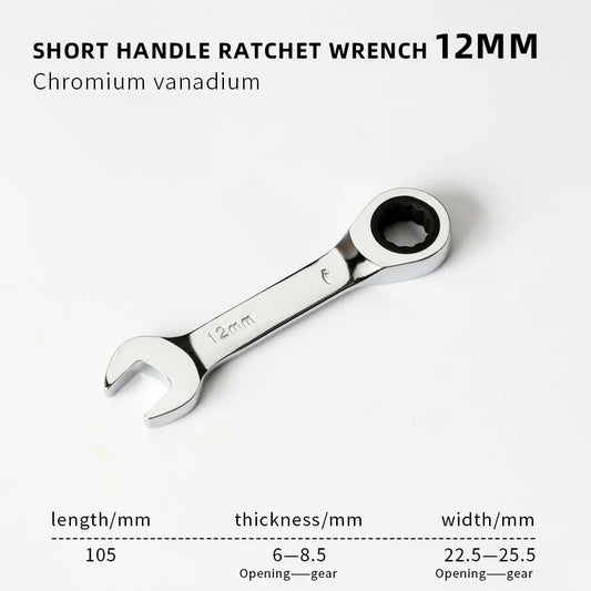 1PCS Stubby Ratchet Spanner - 6-19mm Range, 72 Tooth Short Handle Ratchet Socket Wrenches for Auto Repair and Nut Repair