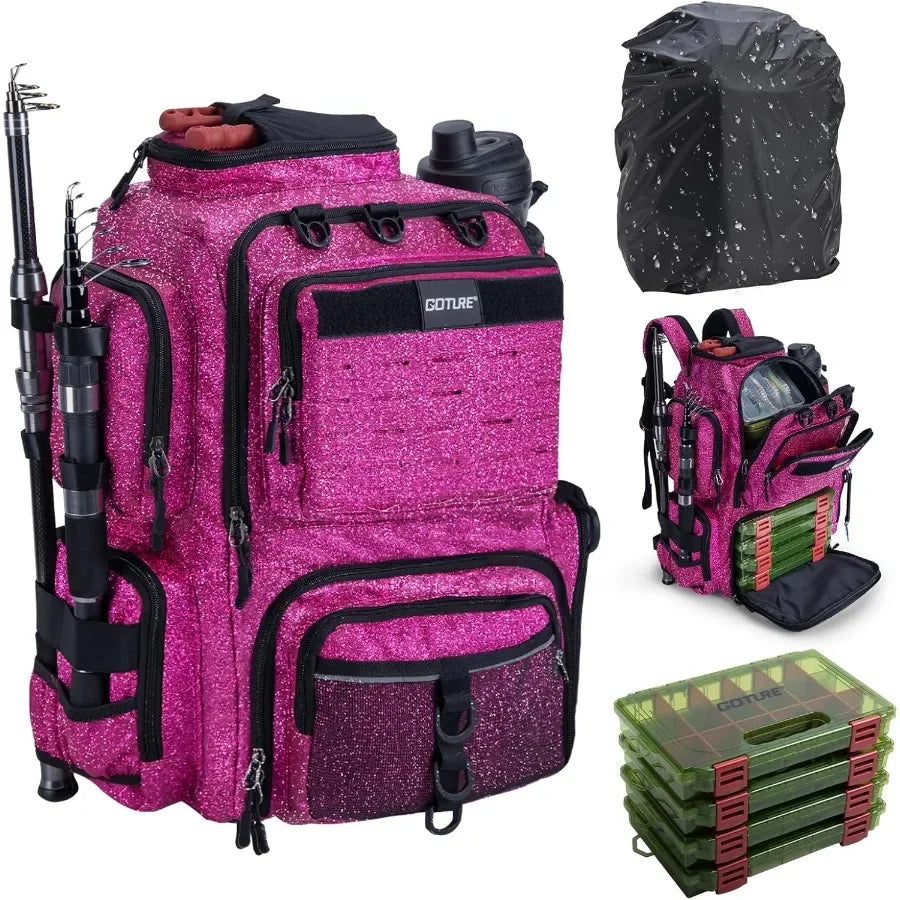 900D WaterResistant Fishing Backpack with 4 Tackle Boxes and Rod Holders 45L Large Capacity Storage Gear Tackle Bag with Rain C