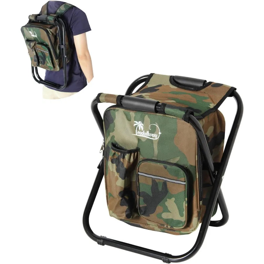 Foldable Backpack Fishing Chair with Integrated Cooler Bag for Outdoor Adventures: Ideal for Hunting Camping Beach Trips Picnic