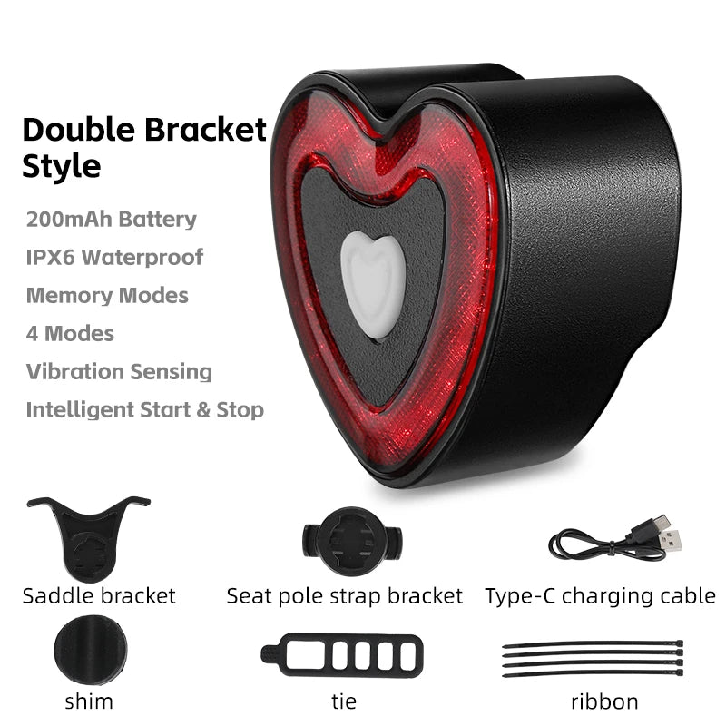 WEST BIKING Bicycle Rear light Brake Sensing Heart Shaped Auto Start/Stop Bicycle Memory Tail Lights MTB Road Bike Accessories
