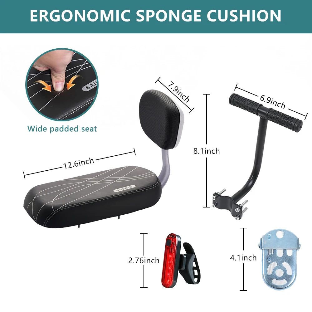 Rear Bike Seat Cushion With Backrest Comfortable Bicycle Passenger Saddle With Handlebar, Bicycle Rear Seat Cushion Footrests