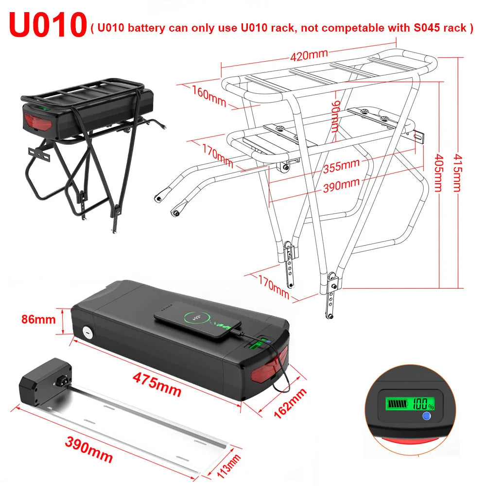 Rear Rack eBike Battery 21700 18650 52V 48V 27Ah 72V 20Ah with Rack no Rack Optional for 1500W 1000W 750W 500W 24"-28 inch