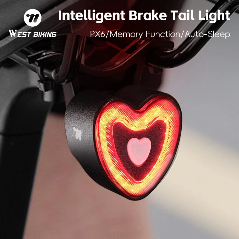 WEST BIKING Bicycle Rear light Brake Sensing Heart Shaped Auto Start/Stop Bicycle Memory Tail Lights MTB Road Bike Accessories