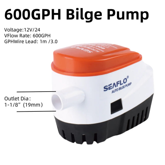 Seaflo 600GPH Automatic Bilge Pump 12V/24V, All-in-One Submersible Boat Water Pump with Built-in Float Switch, Marine Use