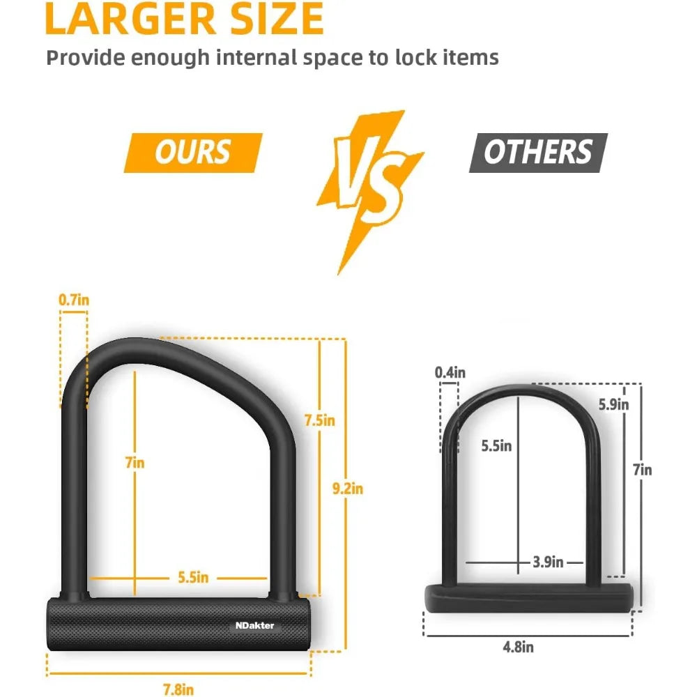 Bike Locks Heavy Duty Anti Theft, Bicycle U Lock for Ebike, 18mm Shackle, 6FT Steel Security Cable with 3 Keys for Electric Esc